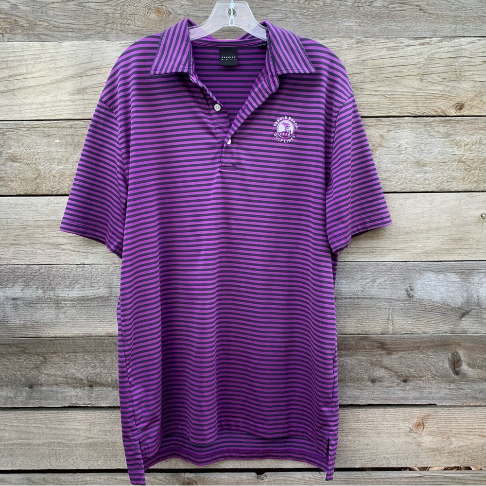 Pebble Beach Dunning Golf Shirt Mens L Performance Polo Striped Purple Preppy